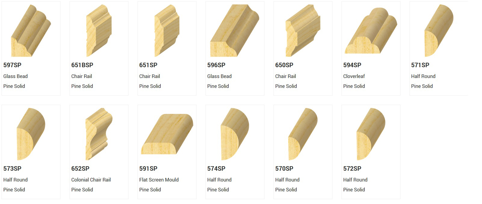 Various wooden mouldings displayed, each with different shapes and labeled with names and item codes.