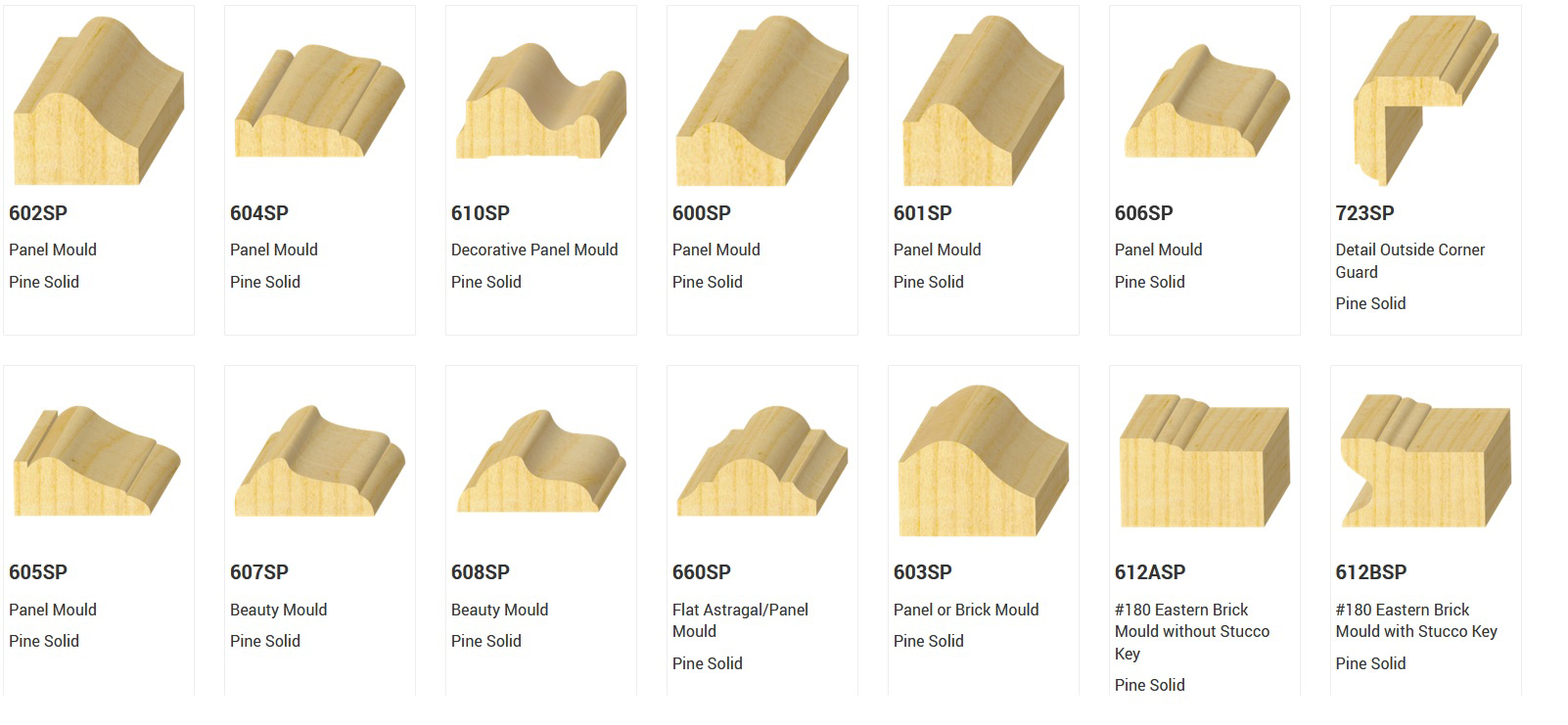 Various wooden panel moldings displayed, including profiles like decorative, beauty, and corner guard, all pine solid.