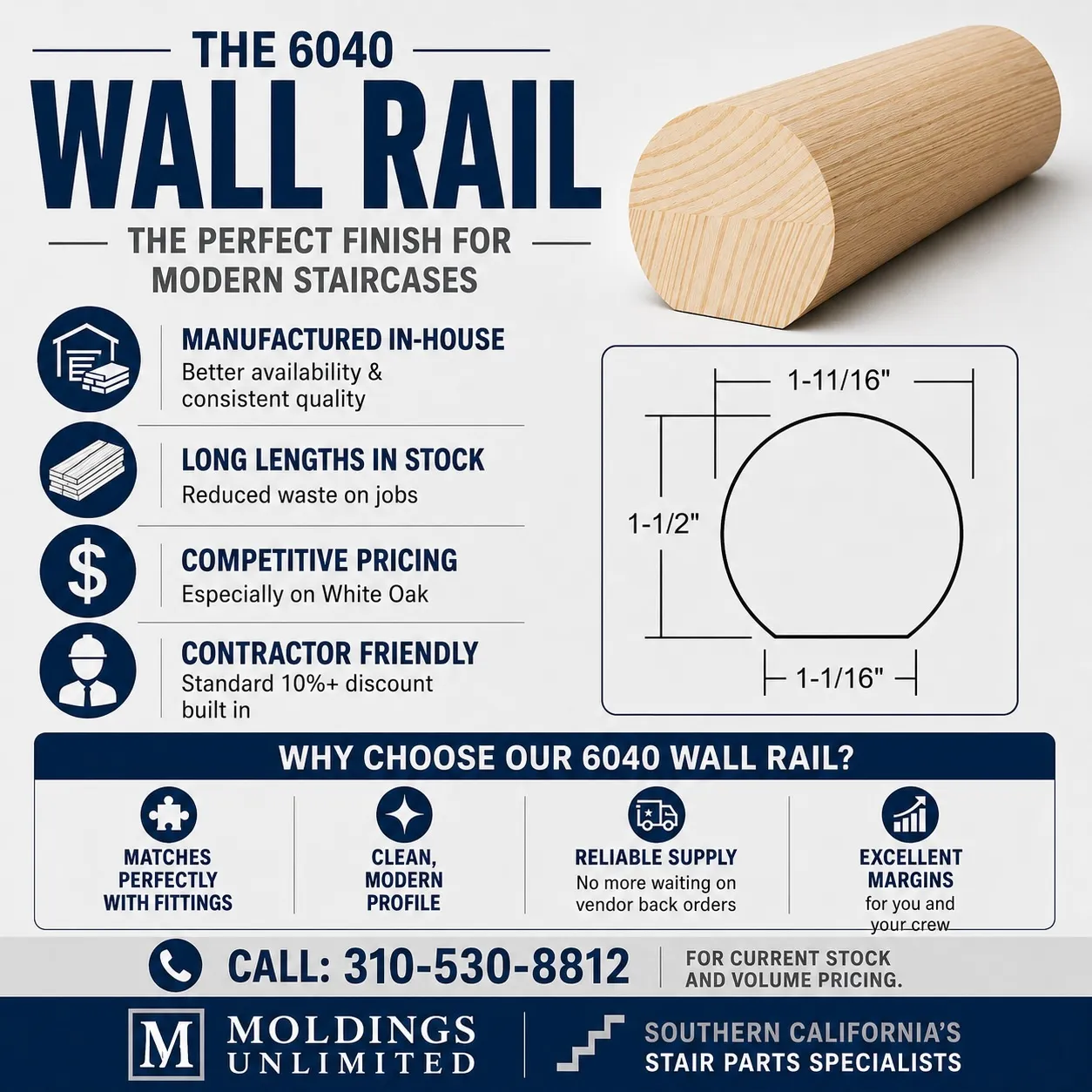 new pop up 1 Diagram and photo of a wood wall rail with product specs and selling points for staircase use by Mouldings Unlimited.