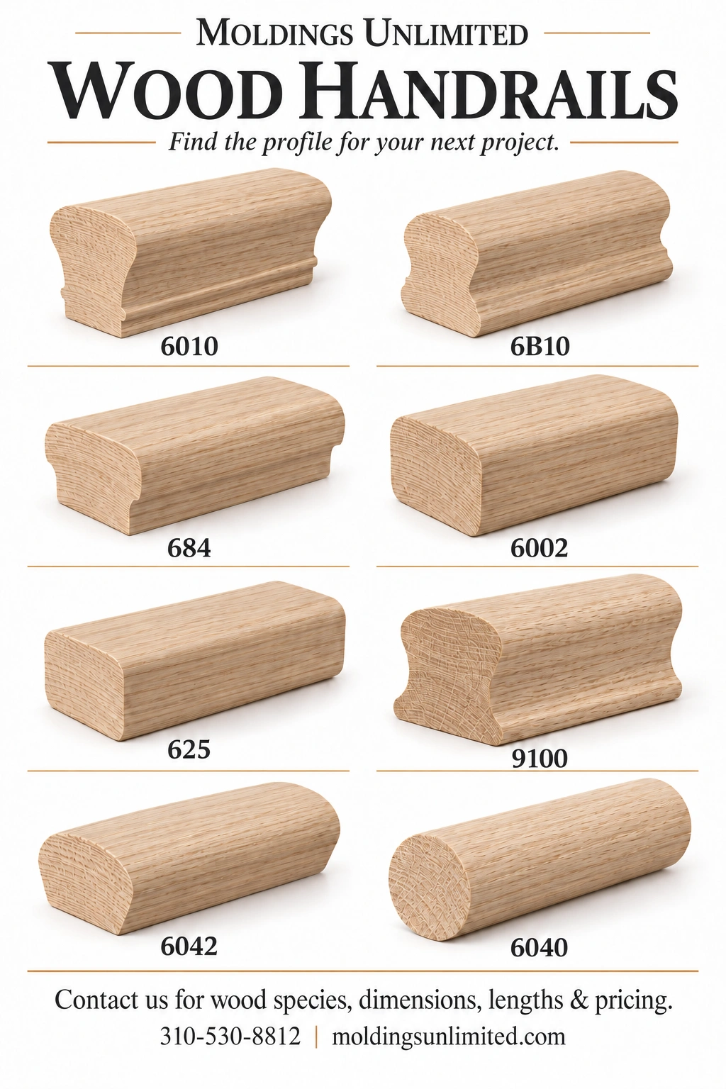 Catalog of eight wood handrail profiles with model numbers, company name, and contact information.
