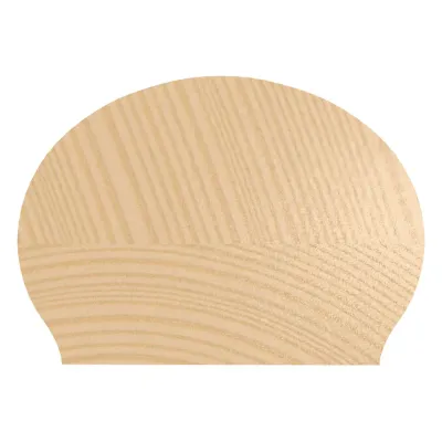 Light wood piece shaped like a seashell with visible grain patterns against a white background.