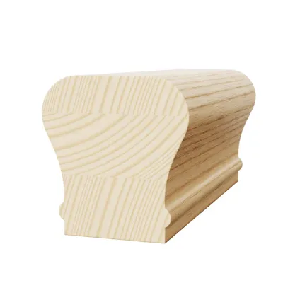 Unfinished wooden handrail section with a rounded top and decorative curved sides, shown on a white background.