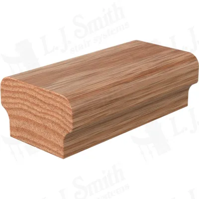 A wooden handrail section with a smooth, rounded top and grooved sides for stair systems.
