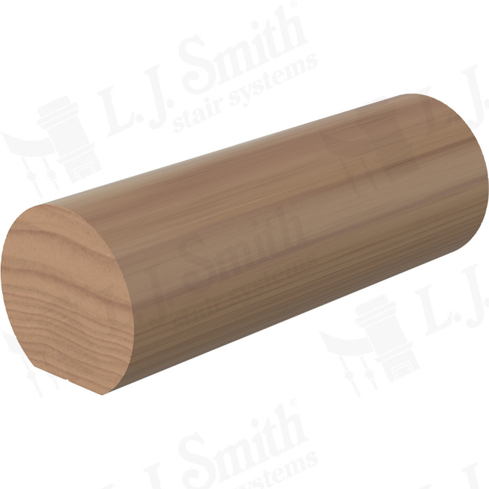 A wooden handrail with a flat bottom and rounded top, shown on a white background.