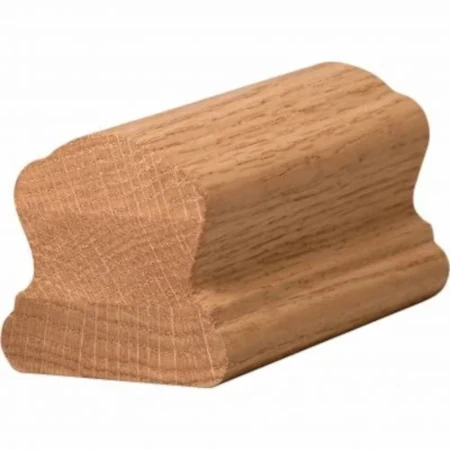 A small, unfinished wooden handrail fitting with a decorative, grooved profile.