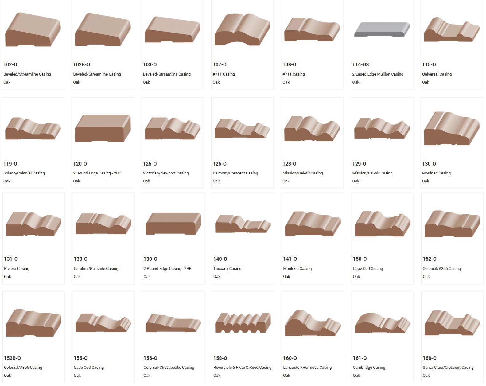 Grid of 24 oak wood molding profiles, each labeled with a unique name and product number.