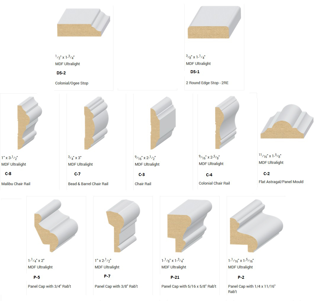 Various MDF Ultralight moulding profiles with names, dimensions, and cross-section illustrations shown.