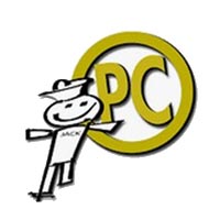 Stick figure with a hat labeled "JACK" leans on large yellow letters "PC" inside a circle.