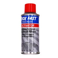 A can of Stick Fast Activator adhesive with a red cap and blue, red, and silver label.
