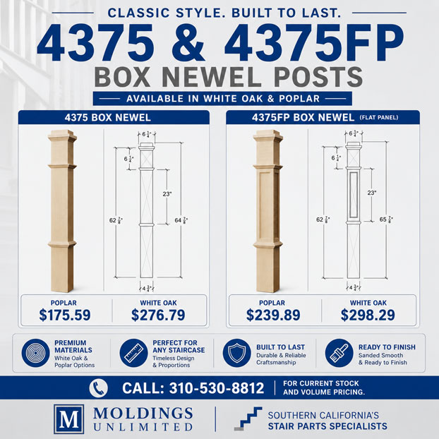 Two types of box newel posts, 4375 and 4375FP, in white oak and poplar, with prices and product details.