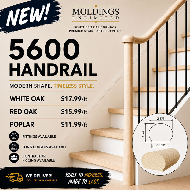 Wooden handrail on modern stairs, price list for white oak, red oak, and poplar, with fitting options.