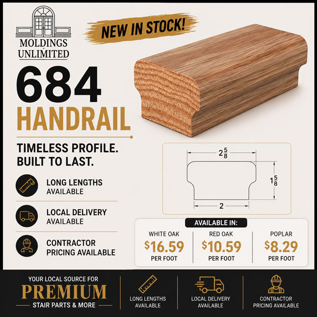 Wooden handrail profile with dimensions, prices for white oak, red oak, and poplar, and delivery options shown.