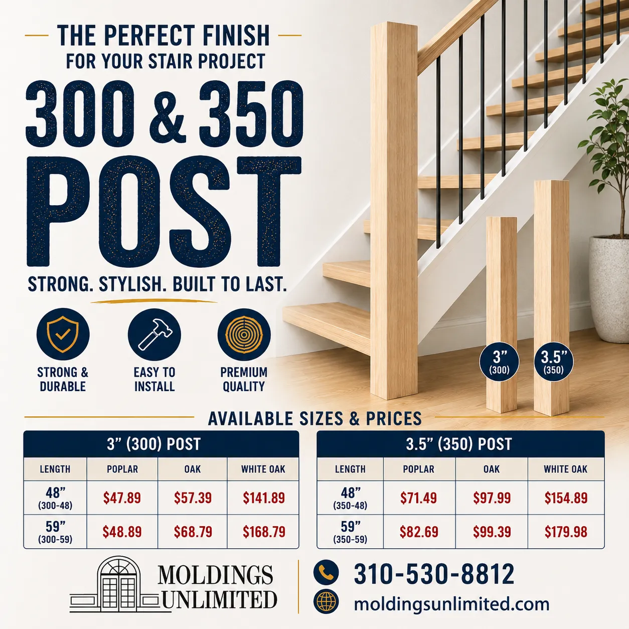 Two wooden stair posts are shown; a chart lists sizes, wood types, and prices for stair posts.